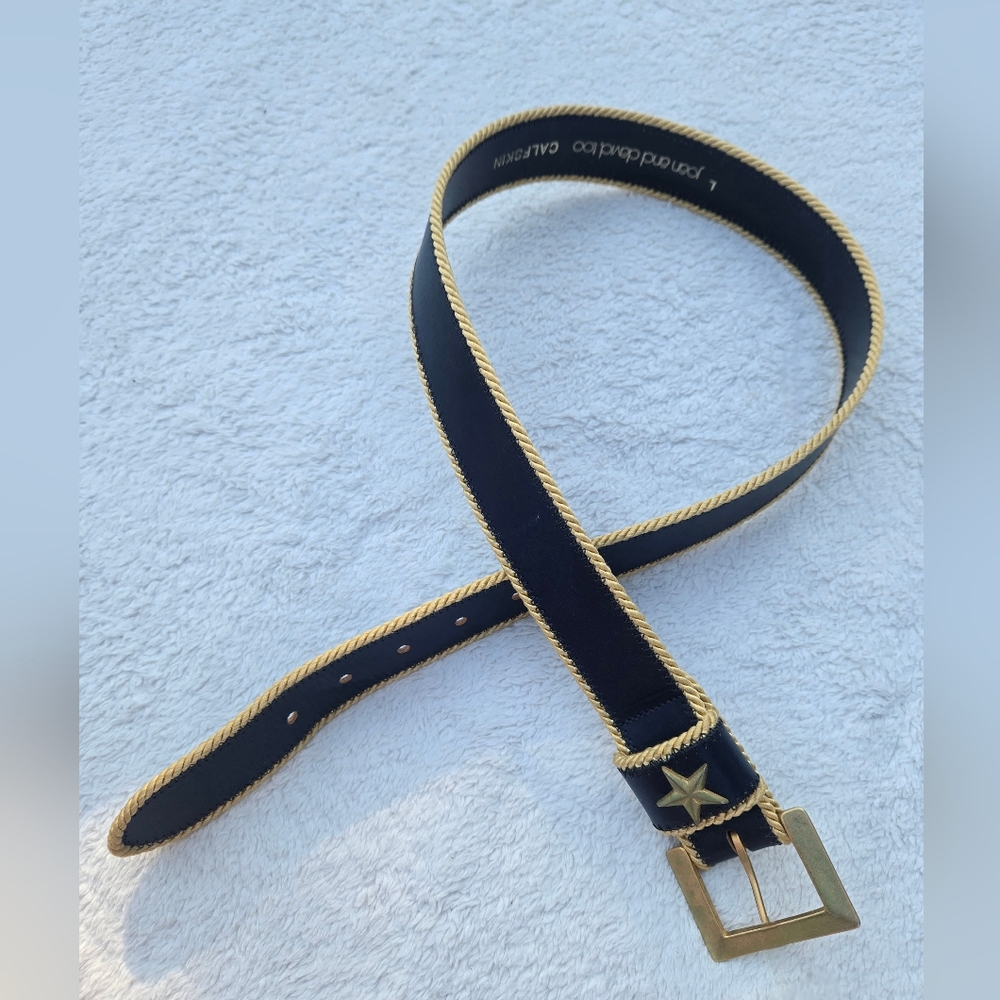 NEW Vintage Joan & David Too Navy Calfskin Leather Belt- Gold Star & Rope Trim L